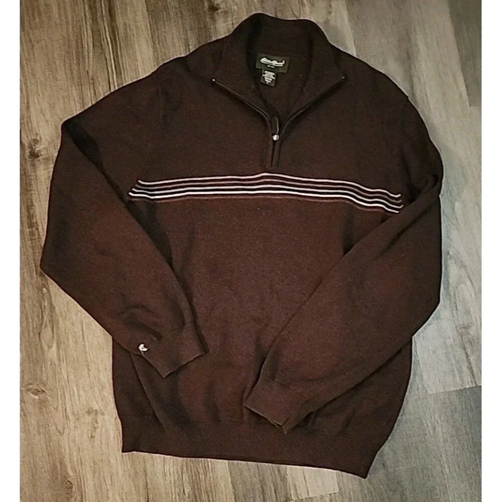 Eddie Bauer Mens Tall Large Sweater Brown 1/2 Zip Striped Mock-Neck Grandpa - Picture 2 of 8